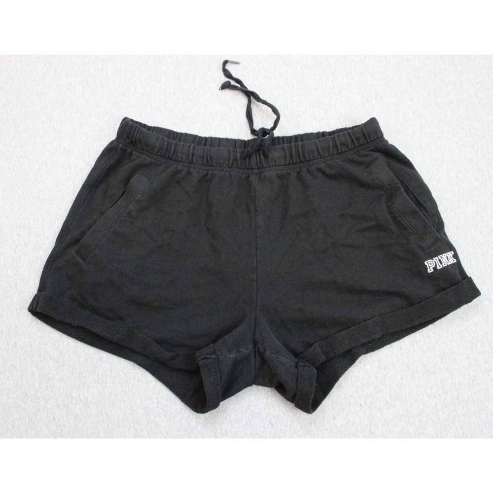 Victorias Secret PINK Shorts Womens Large‎ Black Cotton Blend Fleece Drawstring